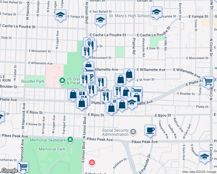 map of restaurants, bars, coffee shops, grocery stores, and more near 407 Swope Avenue in Colorado Springs