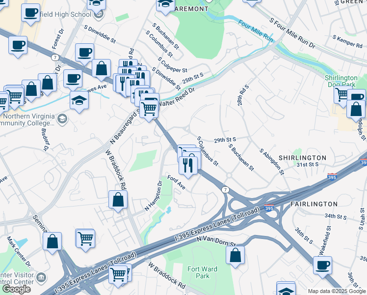 map of restaurants, bars, coffee shops, grocery stores, and more near 2900 South Dinwiddie Street in Arlington