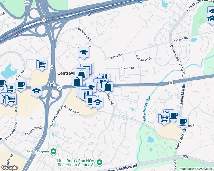 map of restaurants, bars, coffee shops, grocery stores, and more near U.S. 29 & Pickwick Rd in Centreville