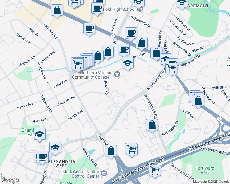 map of restaurants, bars, coffee shops, grocery stores, and more near 5036 Domain Place in Alexandria