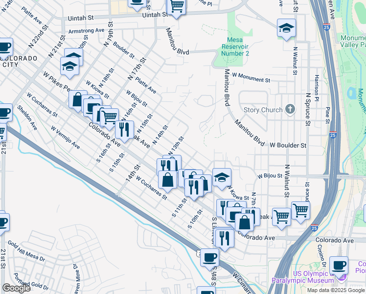 map of restaurants, bars, coffee shops, grocery stores, and more near 1226 West Kiowa Street in Colorado Springs