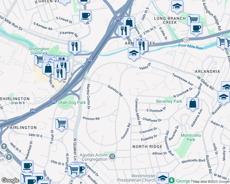 map of restaurants, bars, coffee shops, grocery stores, and more near 3634 Gunston Road in Alexandria
