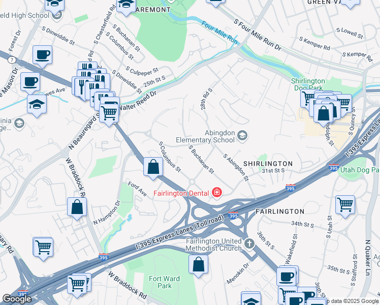 map of restaurants, bars, coffee shops, grocery stores, and more near 2924 South Buchanan Street in Arlington