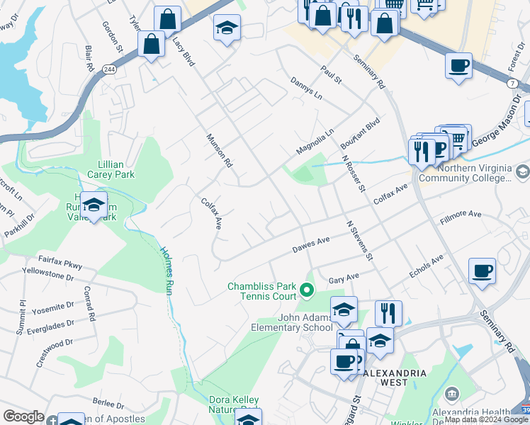 map of restaurants, bars, coffee shops, grocery stores, and more near 3905 Cook Street in Alexandria