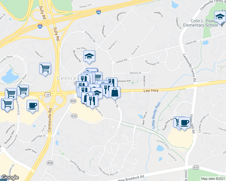 map of restaurants, bars, coffee shops, grocery stores, and more near Lee Highway & Pickwick Road in Centreville