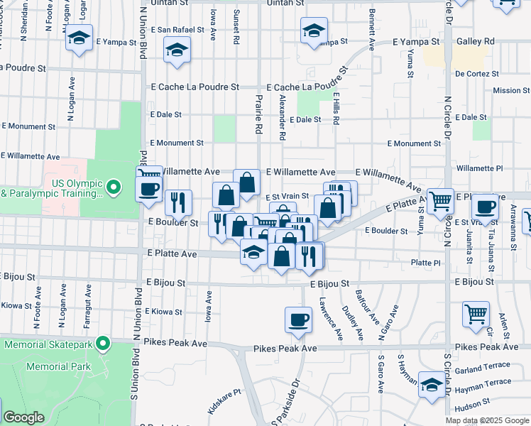 map of restaurants, bars, coffee shops, grocery stores, and more near 417 Prairie Road in Colorado Springs