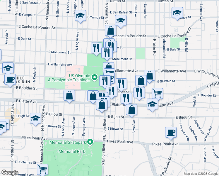 map of restaurants, bars, coffee shops, grocery stores, and more near 443 North Union Boulevard in Colorado Springs