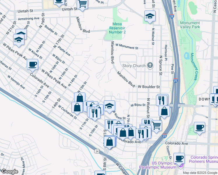 map of restaurants, bars, coffee shops, grocery stores, and more near 625 Pony Lane in Colorado Springs