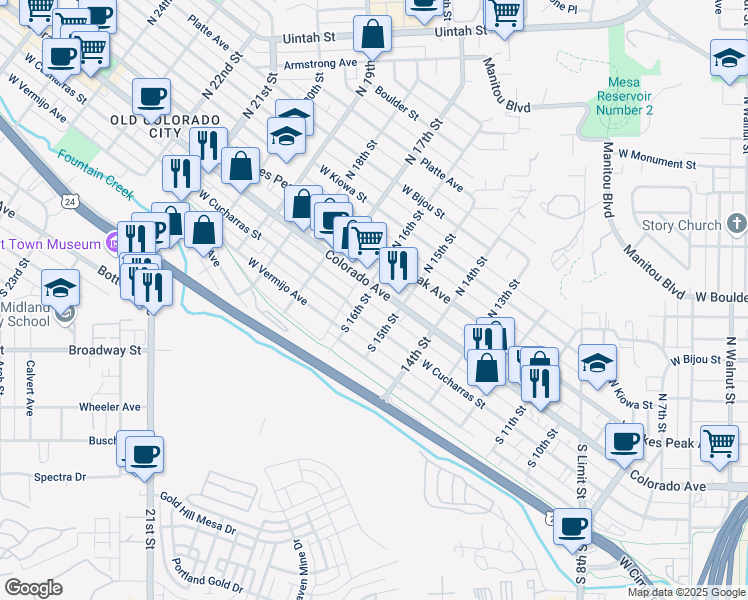 map of restaurants, bars, coffee shops, grocery stores, and more near 1603 Colorado Avenue in Colorado Springs