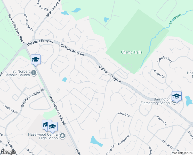 map of restaurants, bars, coffee shops, grocery stores, and more near 16329 Hampden Place in Florissant