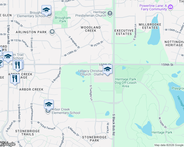 map of restaurants, bars, coffee shops, grocery stores, and more near 15483-15879 W 159th St in Olathe