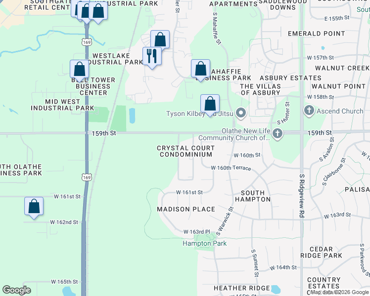 map of restaurants, bars, coffee shops, grocery stores, and more near 15933 Crestview Drive in Olathe