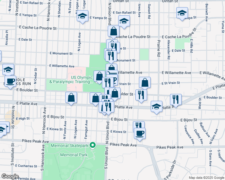 map of restaurants, bars, coffee shops, grocery stores, and more near 405 North Union Boulevard in Colorado Springs