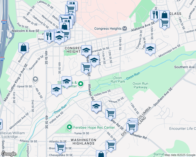 map of restaurants, bars, coffee shops, grocery stores, and more near Mississippi Avenue Southeast in Washington