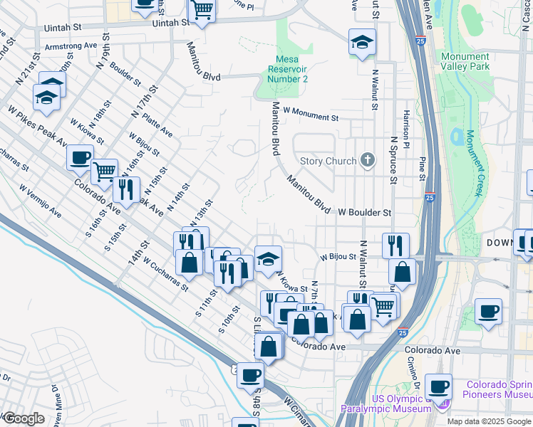 map of restaurants, bars, coffee shops, grocery stores, and more near 625 Pony Lane in Colorado Springs