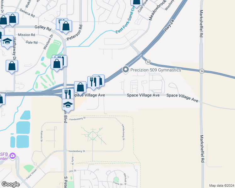 map of restaurants, bars, coffee shops, grocery stores, and more near 7170 Space Village Avenue in Colorado Springs