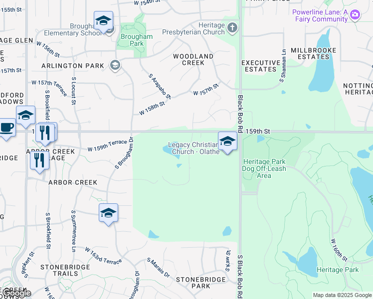 map of restaurants, bars, coffee shops, grocery stores, and more near 15483-15879 W 159th St in Olathe