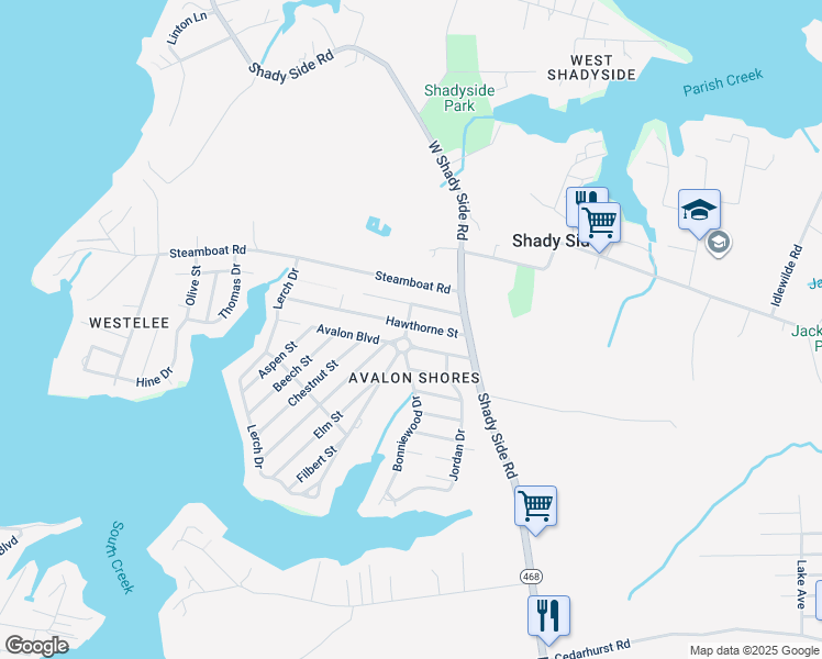map of restaurants, bars, coffee shops, grocery stores, and more near 6317 Linden Street in Shady Side