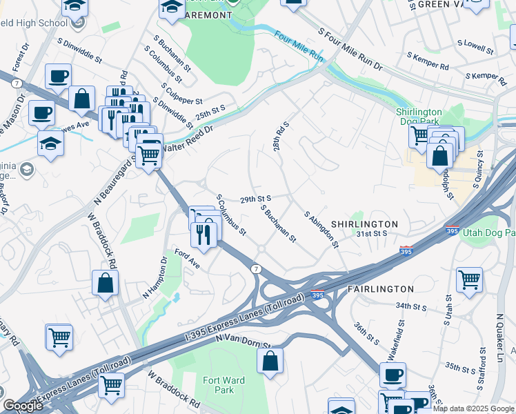 map of restaurants, bars, coffee shops, grocery stores, and more near 2918 South Buchanan Street in Arlington