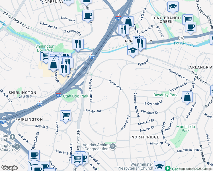 map of restaurants, bars, coffee shops, grocery stores, and more near 3704 Gunston Road in Alexandria