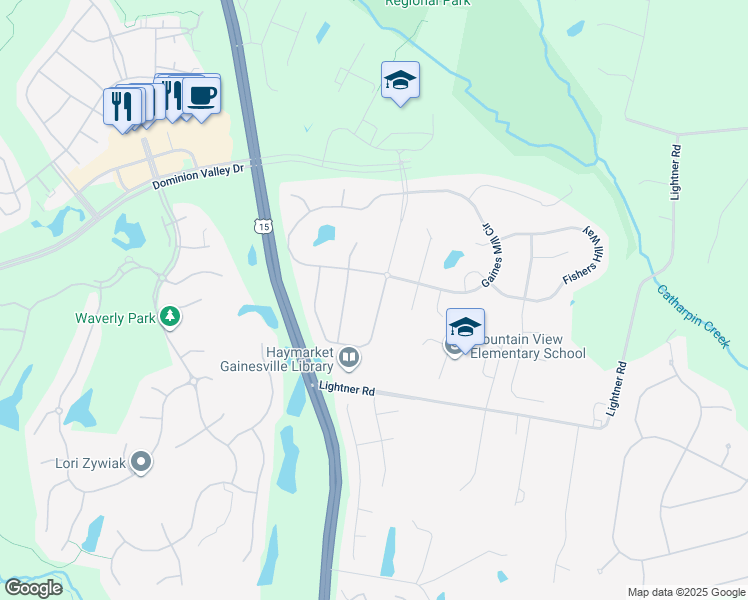 map of restaurants, bars, coffee shops, grocery stores, and more near 5346 Bowers Hill Drive in Haymarket