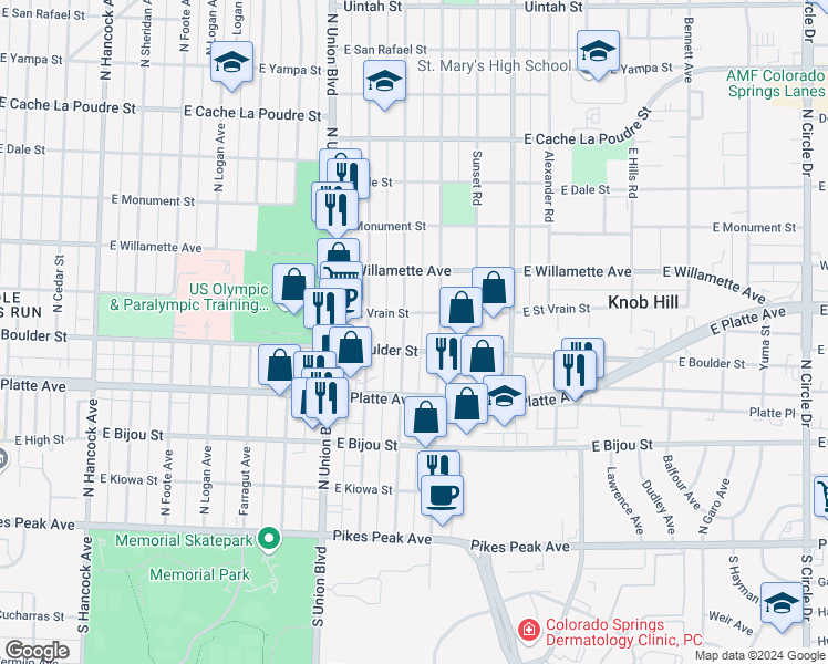 map of restaurants, bars, coffee shops, grocery stores, and more near 427 Swope Avenue in Colorado Springs