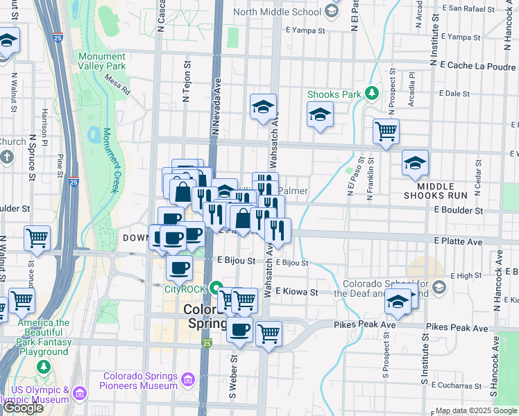 map of restaurants, bars, coffee shops, grocery stores, and more near 320 East Boulder Street in Colorado Springs