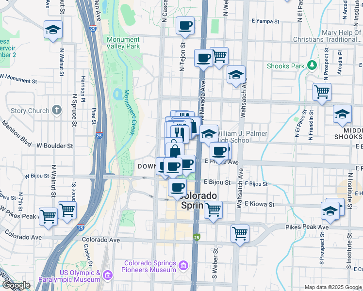 map of restaurants, bars, coffee shops, grocery stores, and more near 333 North Tejon Street in Colorado Springs