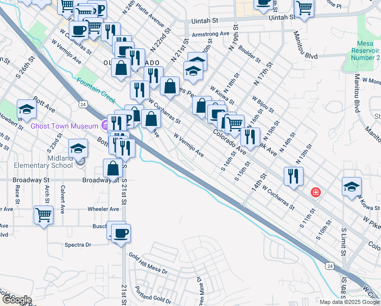map of restaurants, bars, coffee shops, grocery stores, and more near 1708 West Vermijo Avenue in Colorado Springs