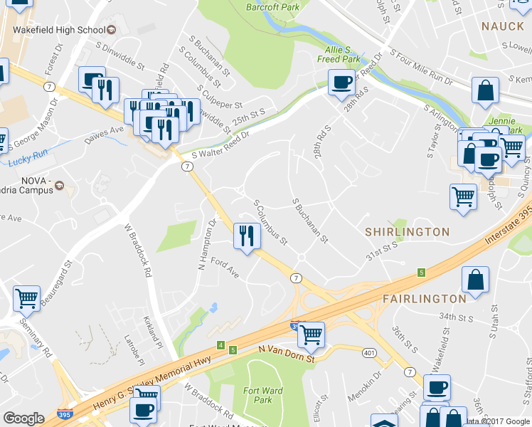 map of restaurants, bars, coffee shops, grocery stores, and more near 2905 South Columbus Street in Arlington