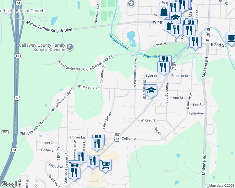 map of restaurants, bars, coffee shops, grocery stores, and more near 606 West Chestnut Street in Fulton
