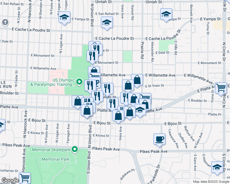 map of restaurants, bars, coffee shops, grocery stores, and more near 417 Swope Avenue in Colorado Springs