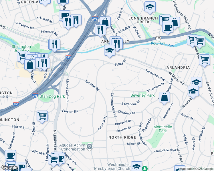 map of restaurants, bars, coffee shops, grocery stores, and more near 915 North Overlook Drive in Alexandria