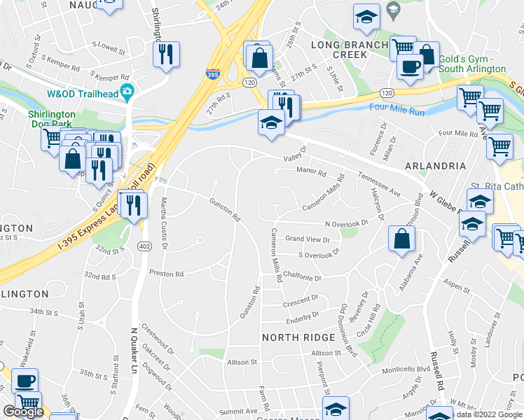 map of restaurants, bars, coffee shops, grocery stores, and more near 915 North Overlook Drive in Alexandria