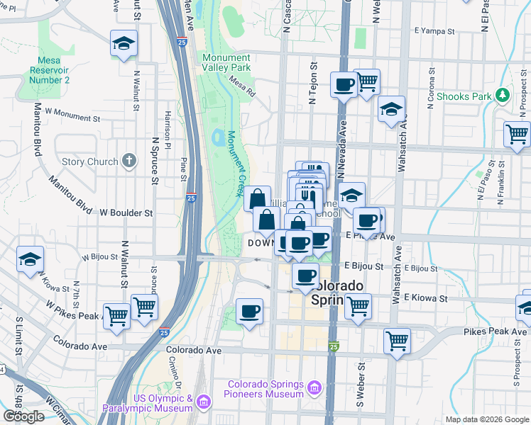 map of restaurants, bars, coffee shops, grocery stores, and more near 11 West Boulder Street in Colorado Springs