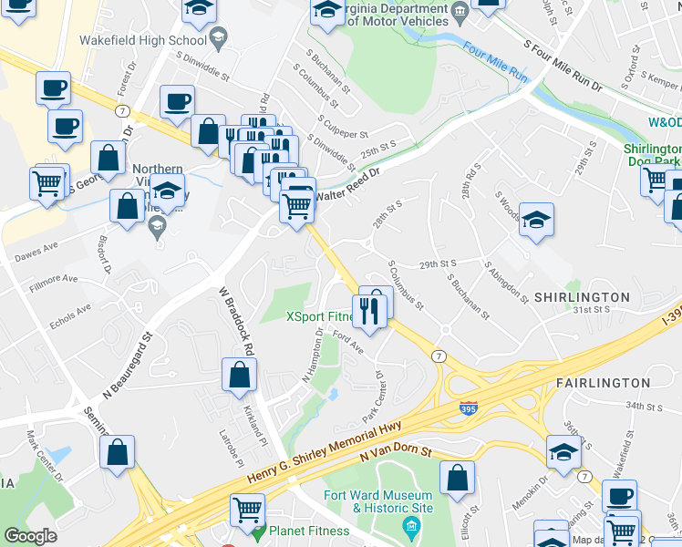 map of restaurants, bars, coffee shops, grocery stores, and more near King Street & North Hampton Drive in Alexandria