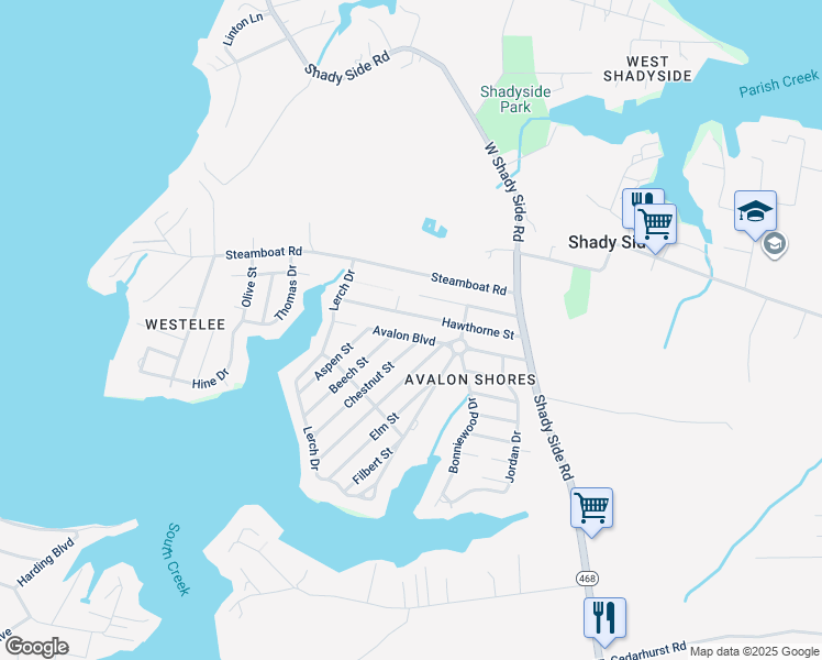 map of restaurants, bars, coffee shops, grocery stores, and more near 1232 Avalon Boulevard in Shady Side