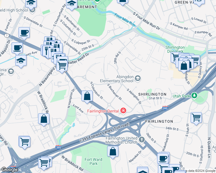 map of restaurants, bars, coffee shops, grocery stores, and more near 2916 South Buchanan Street in Arlington