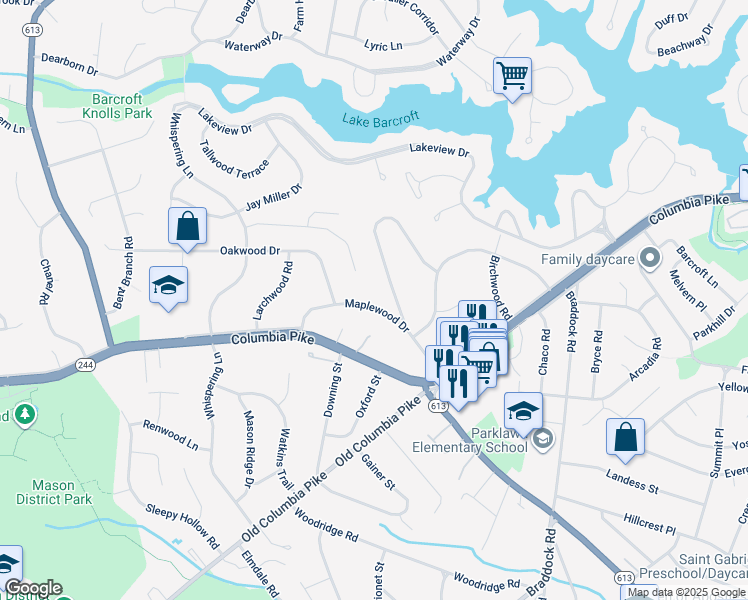 map of restaurants, bars, coffee shops, grocery stores, and more near 6432 Maplewood Drive in Falls Church