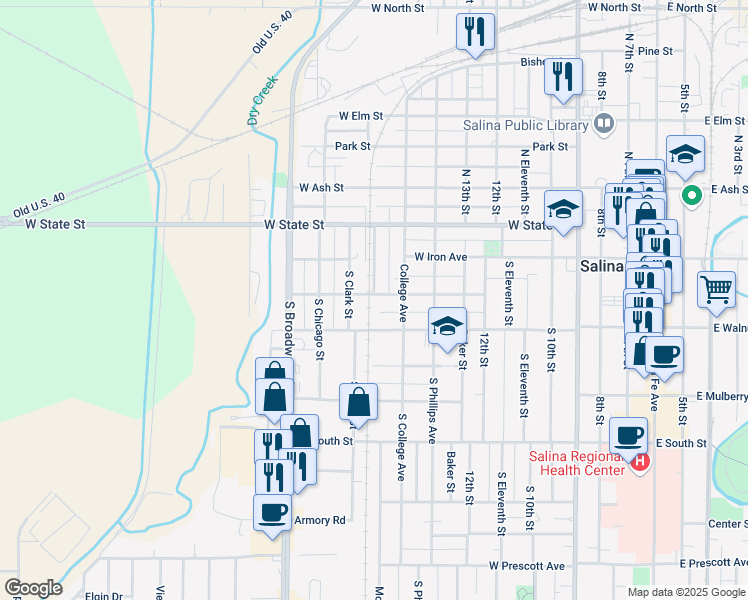 map of restaurants, bars, coffee shops, grocery stores, and more near 927 University Place in Salina
