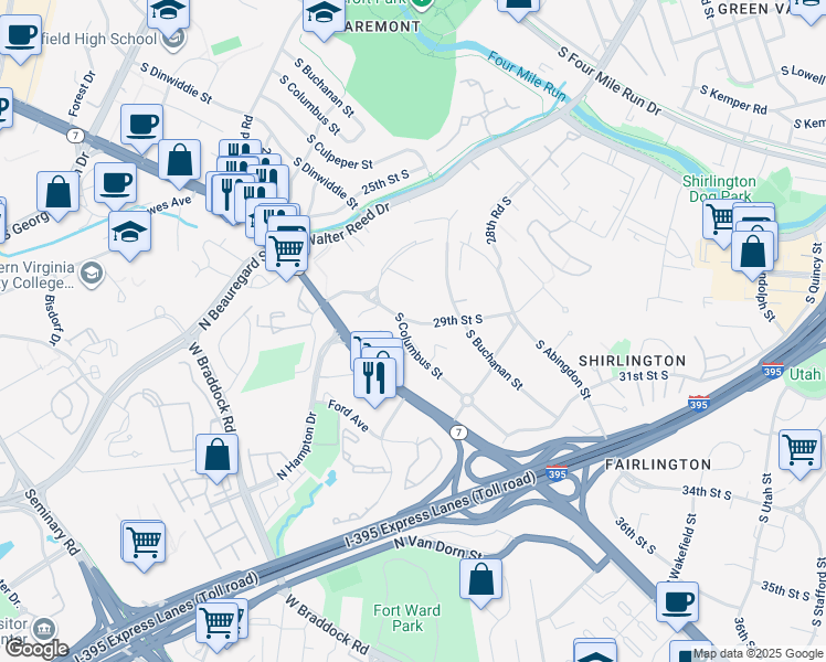 map of restaurants, bars, coffee shops, grocery stores, and more near 2905 South Columbus Street in Arlington