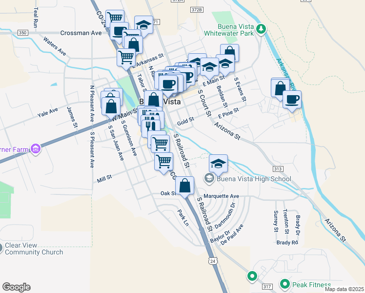 map of restaurants, bars, coffee shops, grocery stores, and more near 421 North Railroad Street in Buena Vista
