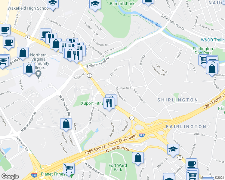 map of restaurants, bars, coffee shops, grocery stores, and more near 2941 South Dinwiddie Street in Arlington