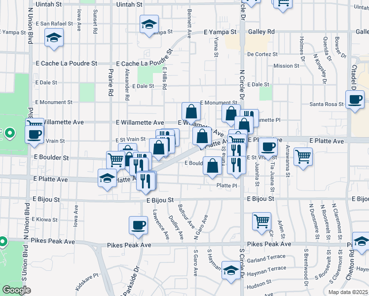 map of restaurants, bars, coffee shops, grocery stores, and more near 2531 East Saint Vrain Street in Colorado Springs