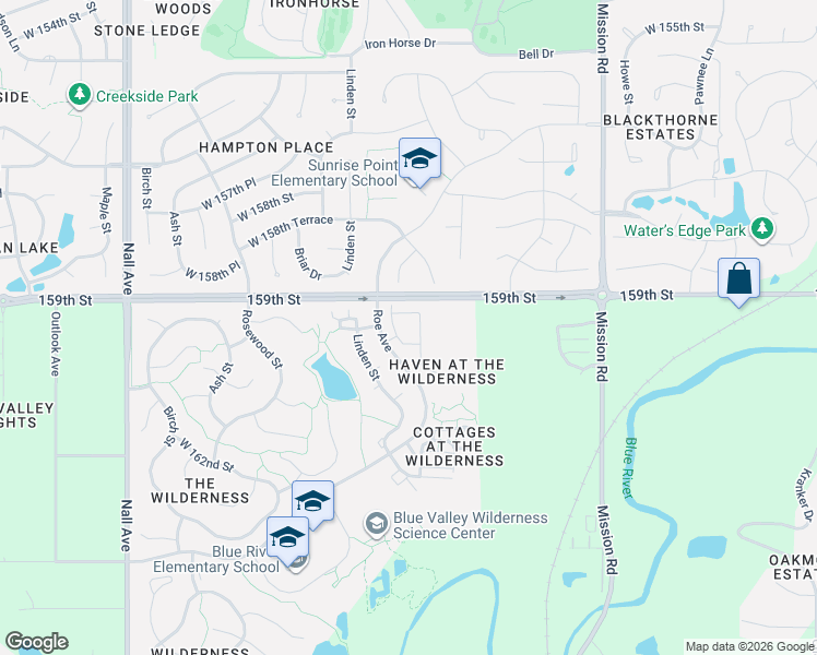 map of restaurants, bars, coffee shops, grocery stores, and more near 4502 West 159th Terrace in Overland Park