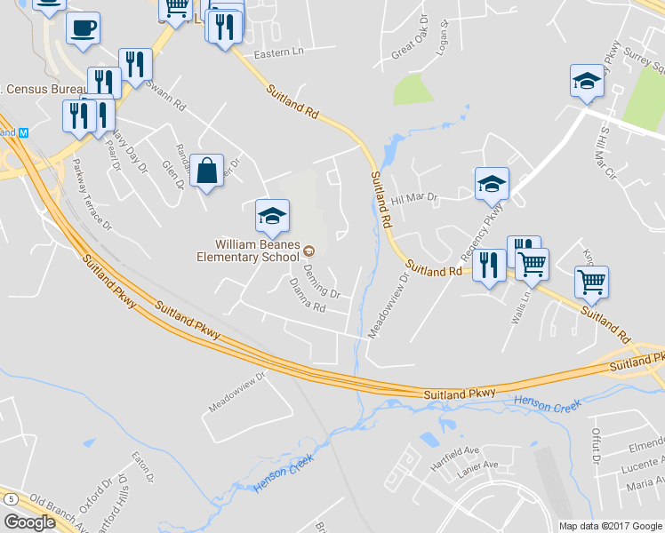 map of restaurants, bars, coffee shops, grocery stores, and more near 4700 Stonecliff Road in Hillcrest Heights