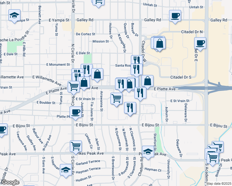 map of restaurants, bars, coffee shops, grocery stores, and more near 3175 E Platte Ave in Colorado Springs