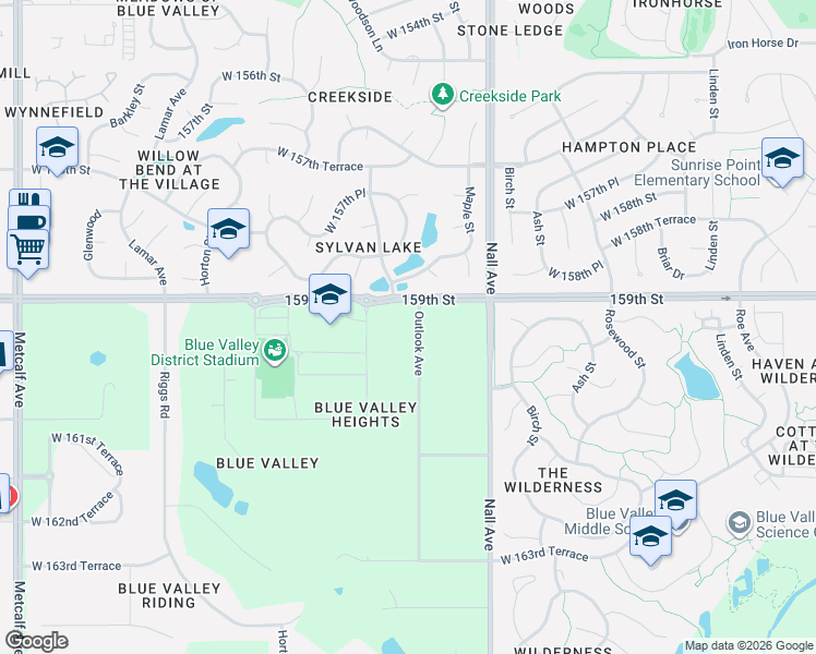 map of restaurants, bars, coffee shops, grocery stores, and more near 15900 Outlook Avenue in Stilwell