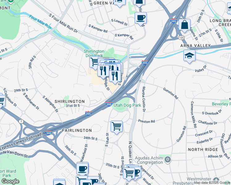 map of restaurants, bars, coffee shops, grocery stores, and more near 2975 South Quincy Street in Arlington