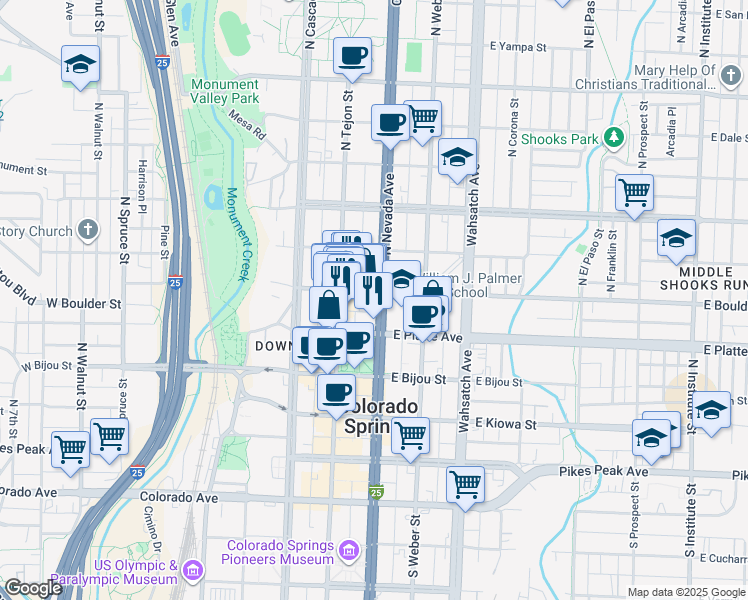 map of restaurants, bars, coffee shops, grocery stores, and more near 334 North Nevada Avenue in Colorado Springs